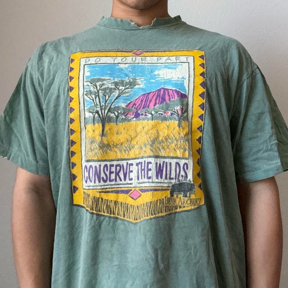 Vintage 1990s Conserve the Wilds Graphics Green Single Stitched T-Shirt - Picture 3 of 7